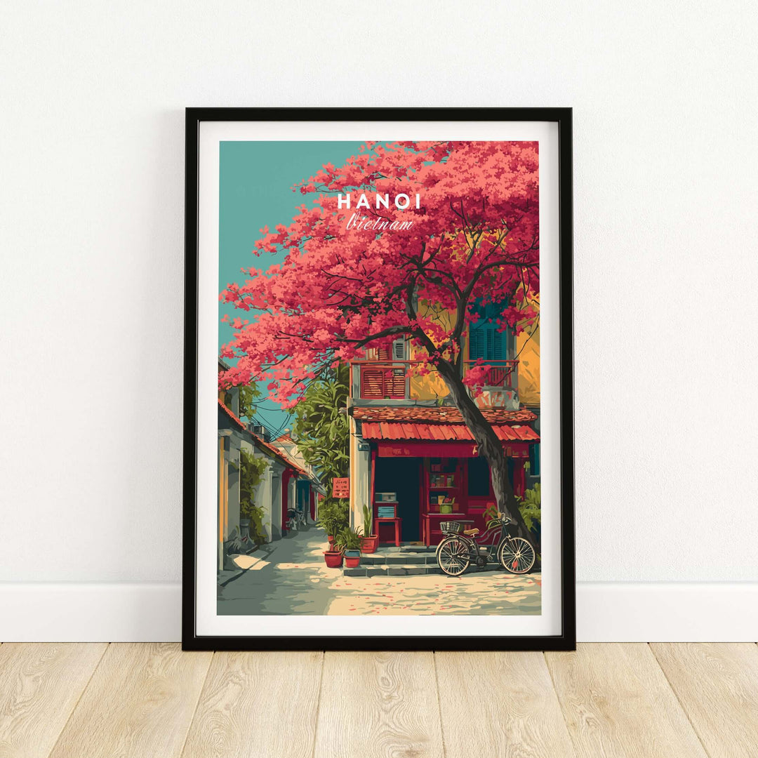 Hanoi Vietnam print featuring cherry blossoms and street scene, colorful wall art for vibrant home decor.