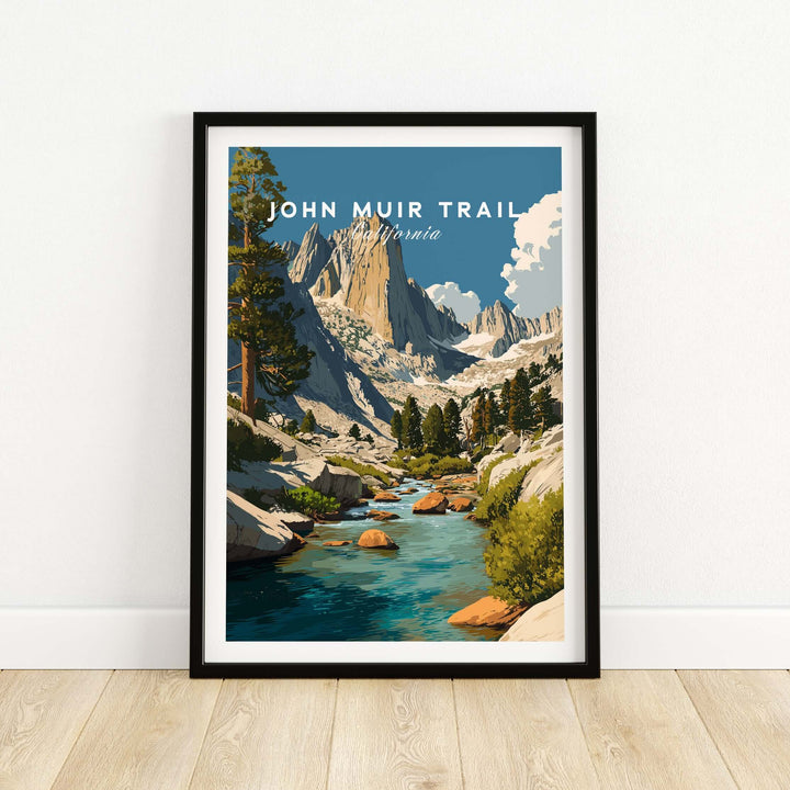 John Muir Trail art print featuring majestic peaks and serene stream, perfect for nature lovers and outdoor decor.