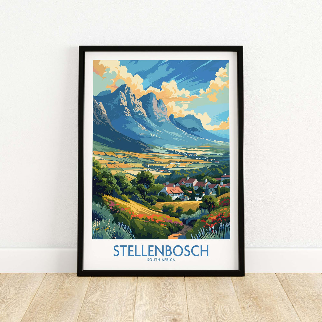 Vibrant Stellenbosch travel poster showcasing mountains and valleys of South Africa, perfect for home or office decor.