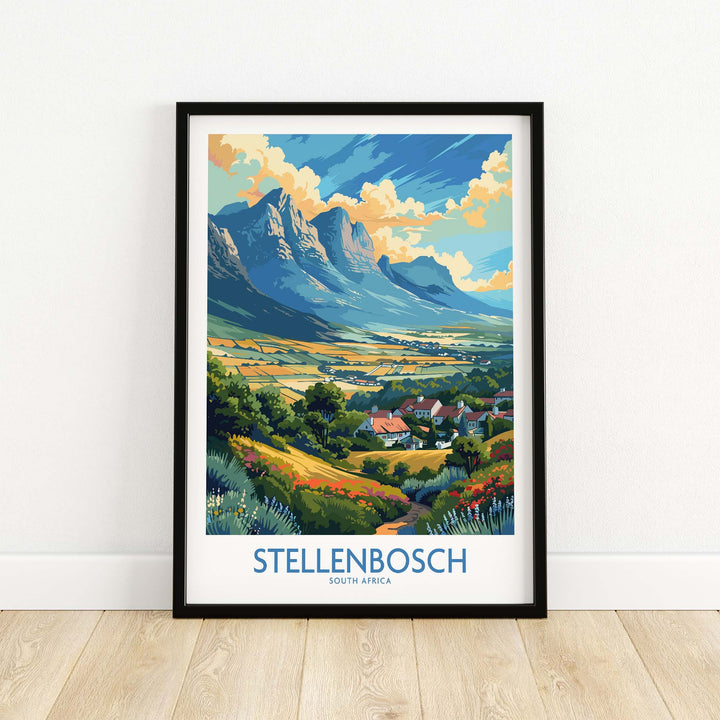 Vibrant Stellenbosch travel poster showcasing mountains and valleys of South Africa, perfect for home or office decor.