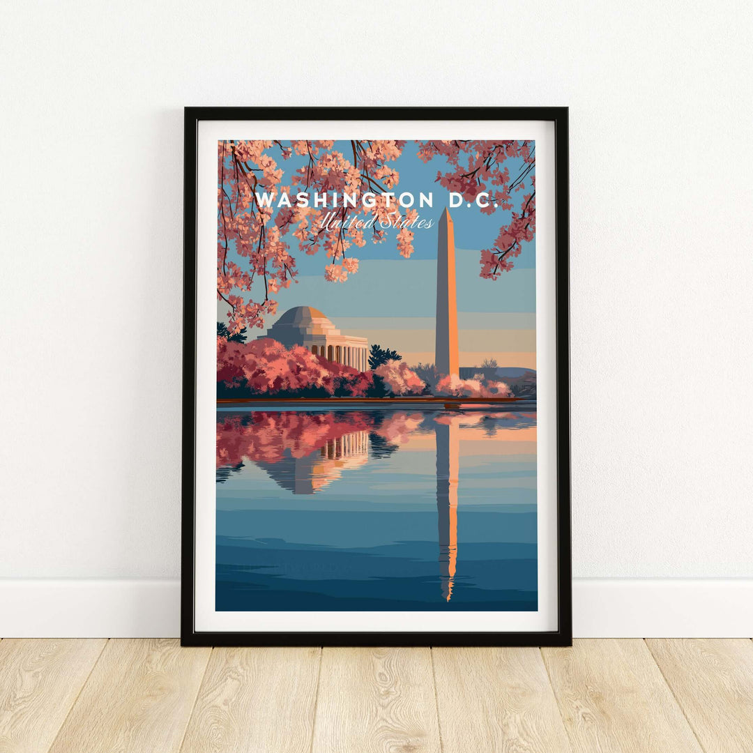 Washington D.C. poster featuring Jefferson Memorial and Washington Monument surrounded by cherry blossoms.