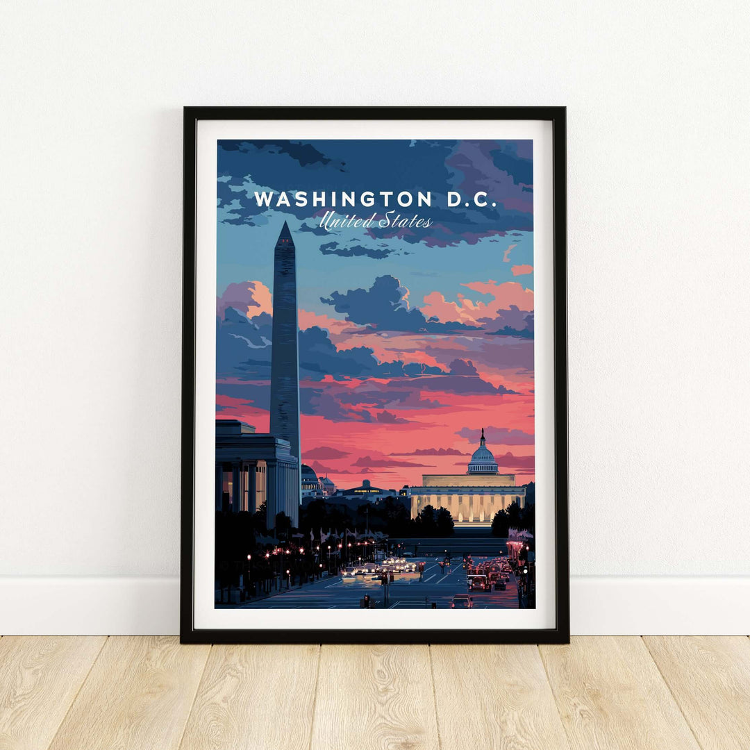 Washington D.C. wall art poster featuring the iconic monument and Capitol at sunset with vibrant colors.