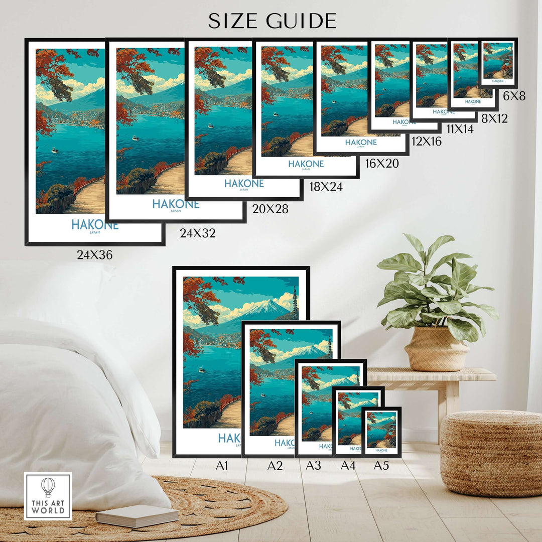 Size guide for Hakone Japan lakeside temple wall art, showcasing various print sizes and elegant decor options.
