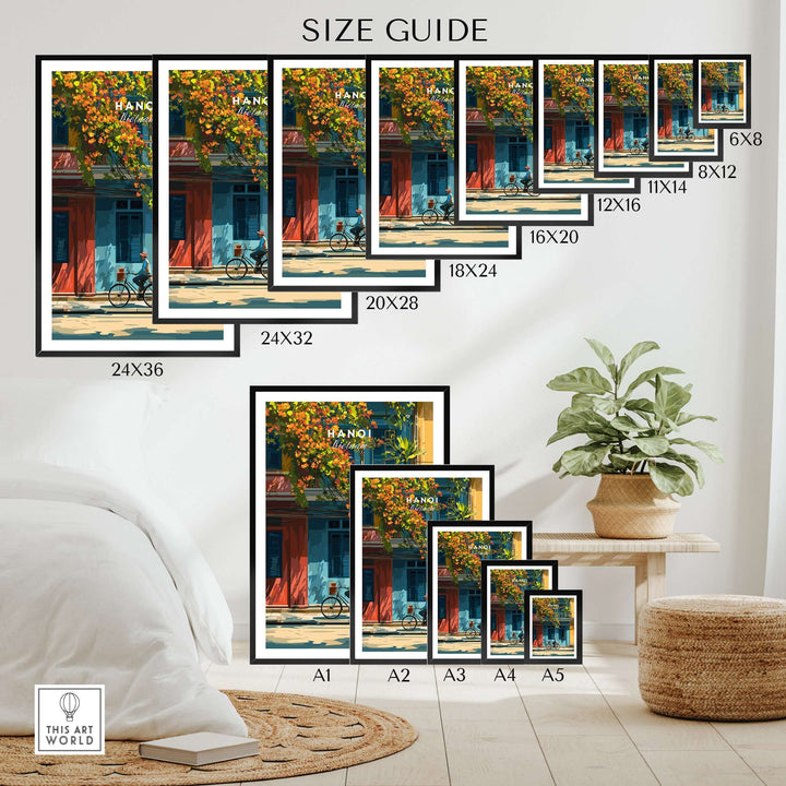 Size guide for vibrant Hanoi Vietnam print showcasing various frame sizes in a stylish interior setting.