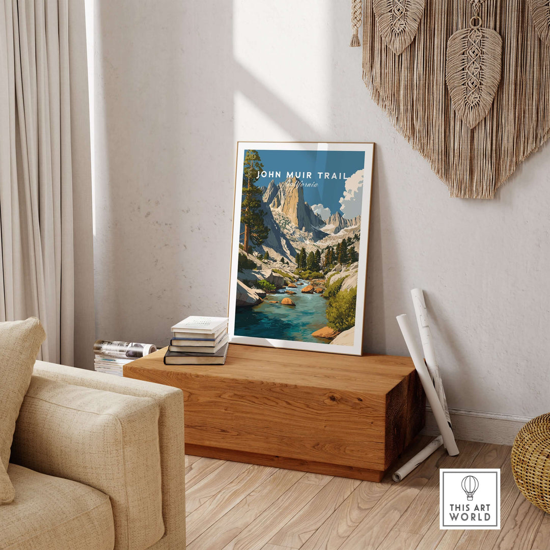 John Muir Trail High Sierra wall art print featuring majestic peaks and serene streams in a cozy living room setting.