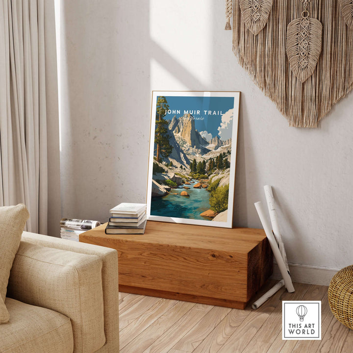 John Muir Trail High Sierra wall art print featuring majestic peaks and serene streams in a cozy living room setting.