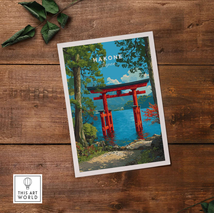 Hakone Japan Lake Ashi Torii gate poster art on wooden background, showcasing serene waters and vibrant colors.