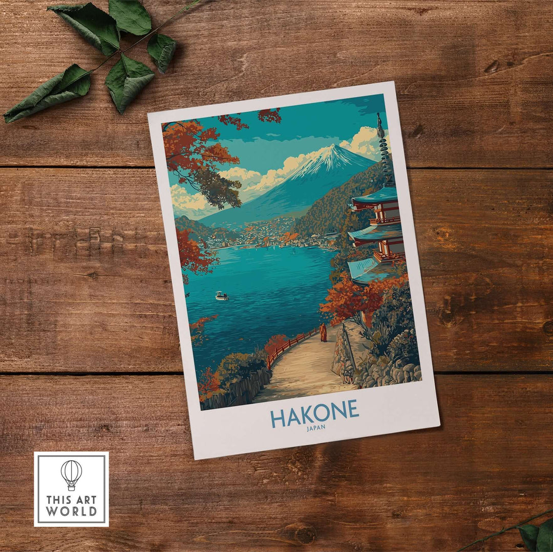 Hakone Japan lakeside temple wall art featuring serene waters, mountains, and vibrant autumn foliage, perfect for home decor.