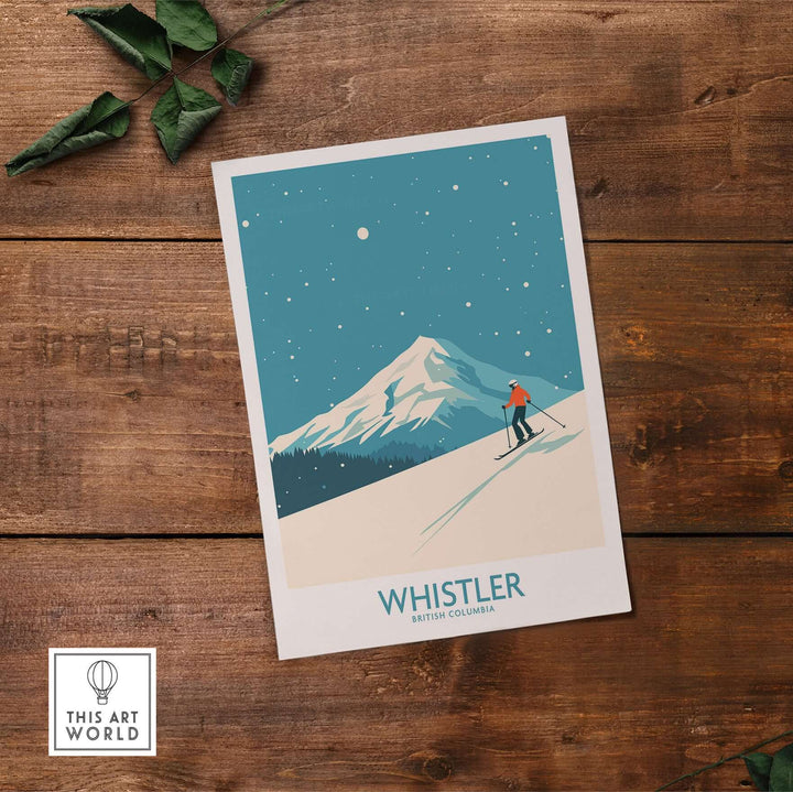 Whistler Wall Art Print featuring a skier on snowy slopes in British Columbia, perfect for ski lovers.
