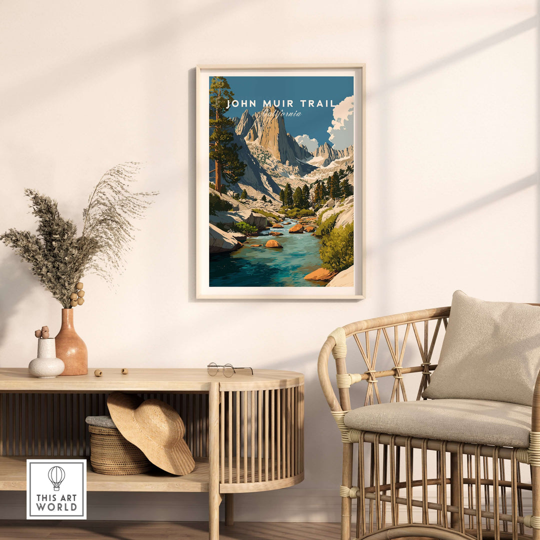 John Muir Trail wall art print featuring majestic peaks and serene stream in a cozy living space.