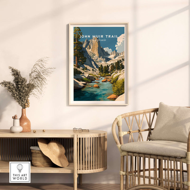 John Muir Trail wall art print featuring majestic peaks and serene stream in a cozy living space.