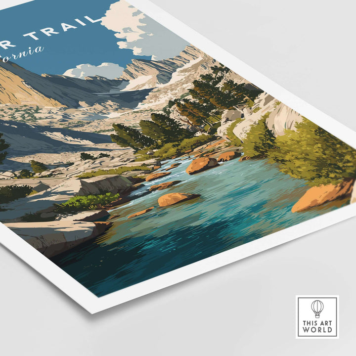 John Muir Trail print showcasing serene streams and majestic peaks of California's High Sierra, perfect for nature lovers.