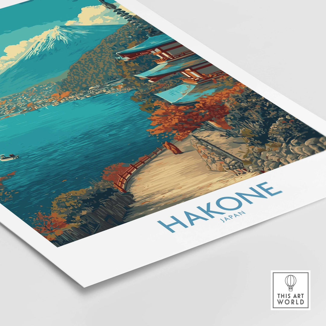 Serene Hakone lakeside temple wall art featuring Mount Fuji and vibrant autumn colors.