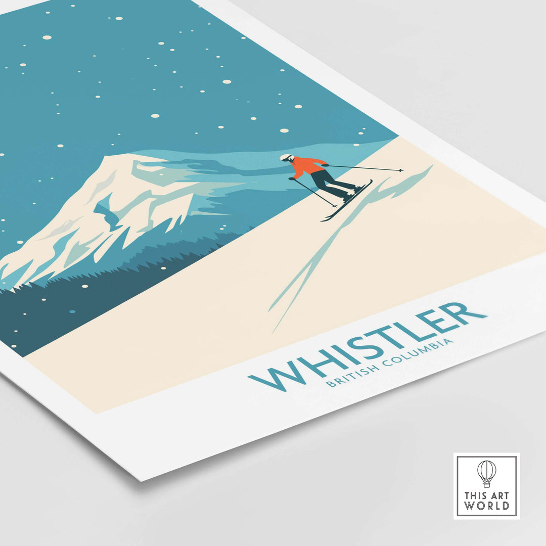 Whistler Wall Art Print showcasing vibrant snow-covered mountains and a skier, perfect for ski enthusiasts.