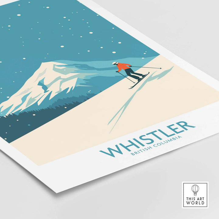 Whistler Wall Art Print showcasing vibrant snow-covered mountains and a skier, perfect for ski enthusiasts.