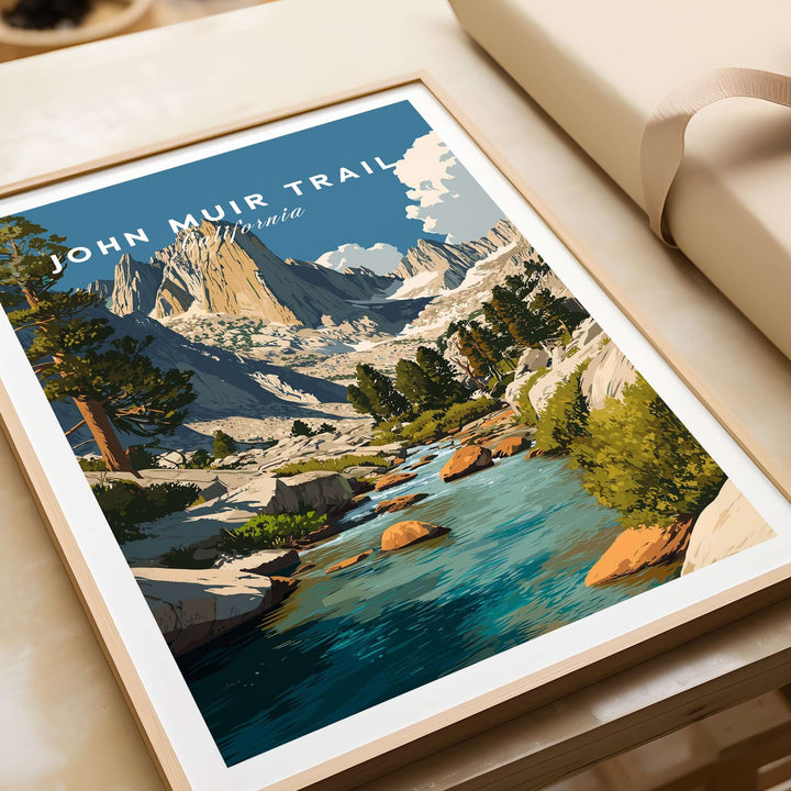 John Muir Trail print showcasing serene streams and majestic peaks of California's High Sierra wall art.