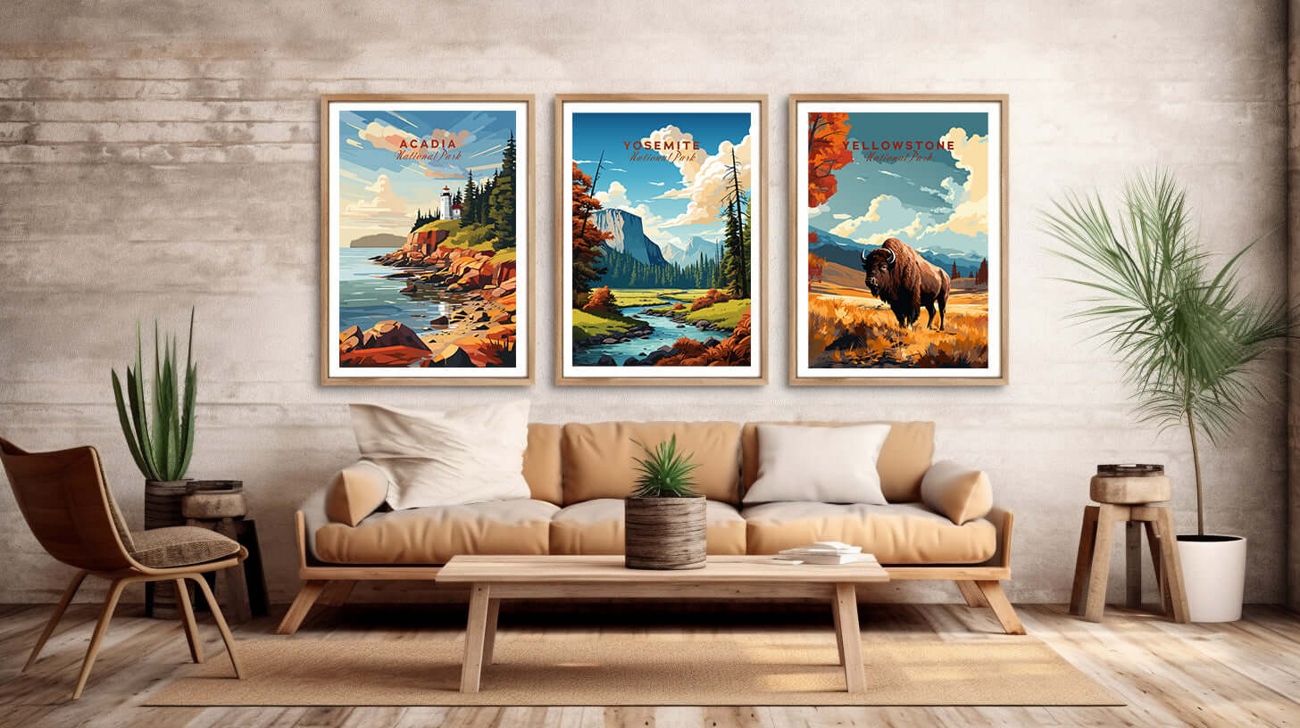 National Park Posters featuring a set of three on a wall above a couch featuring Acadia, Yosemite and Yellowstone National Parks