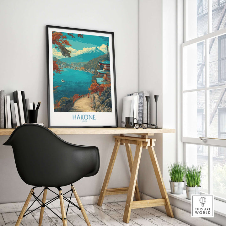 Lakeside temple wall art of Hakone Japan, featuring serene waters and traditional architecture in a stylish workspace.