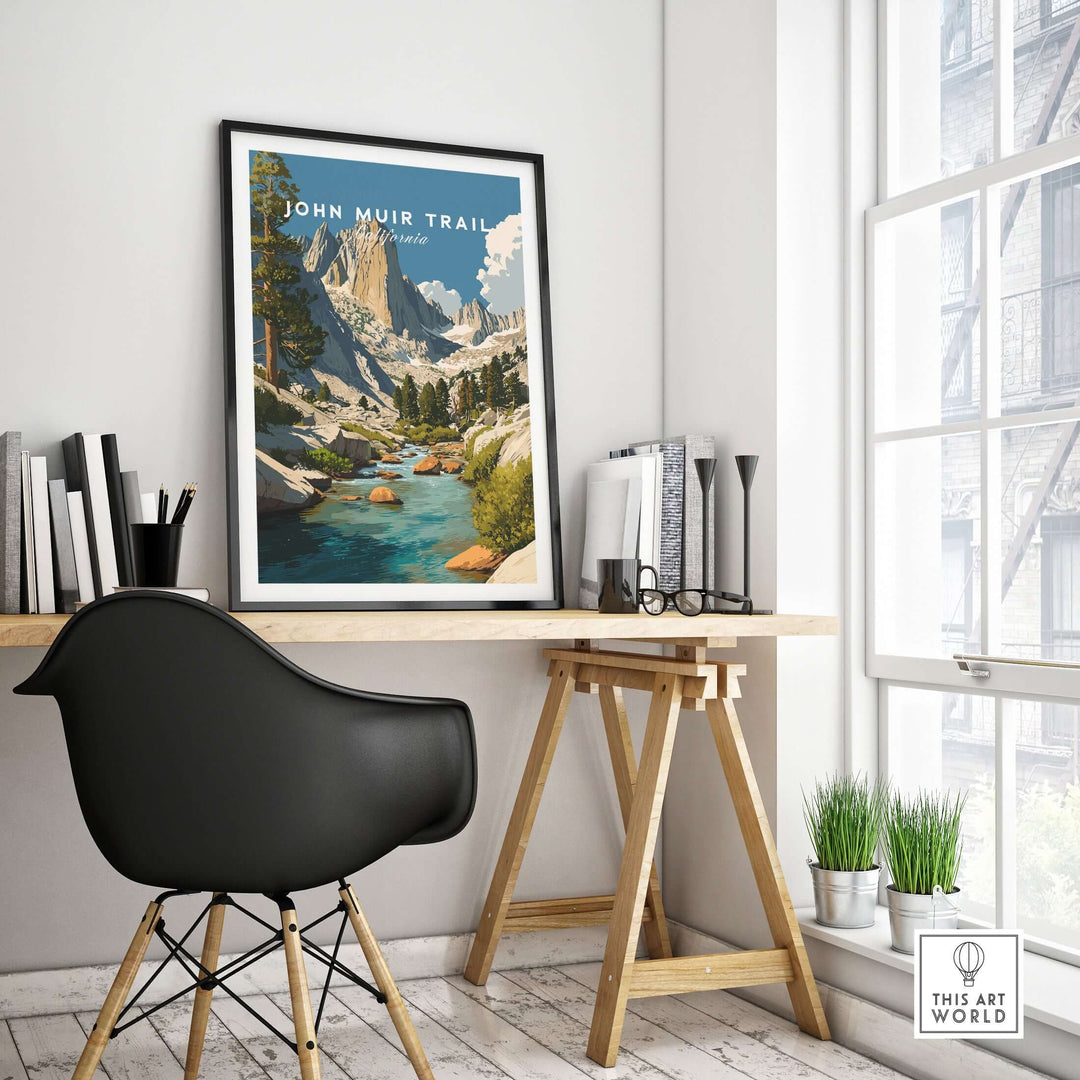 John Muir Trail stream print in an elegant indoor workspace, showcasing California's High Sierra landscape.