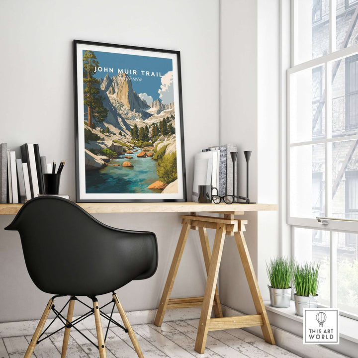 John Muir Trail stream print in an elegant indoor workspace, showcasing California's High Sierra landscape.