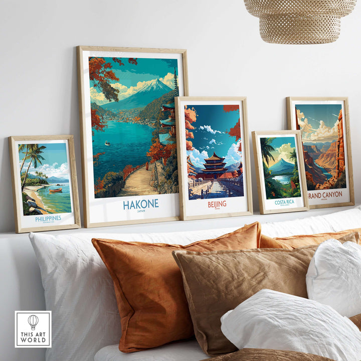 Framed wall art featuring Hakone Japan lakeside temple and other travel destinations for home decor.