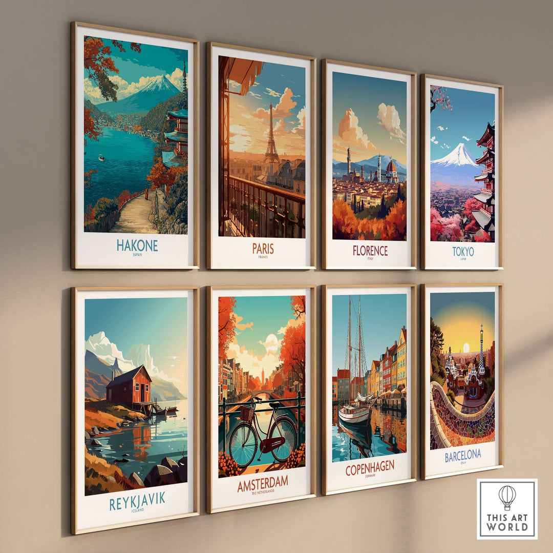 Collection of travel-themed wall art featuring cities like Hakone, Paris, Florence, Tokyo, and more.