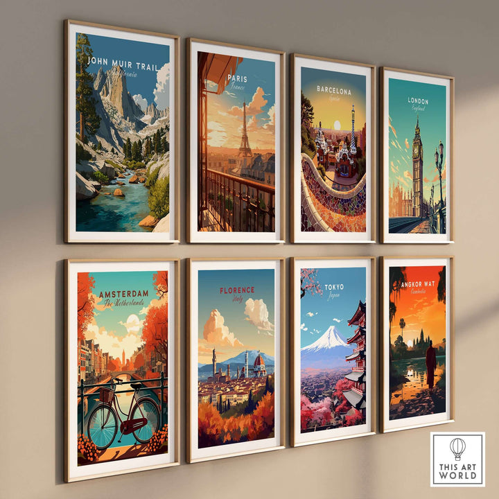 Gallery of travel prints featuring John Muir Trail, Paris, Barcelona, London, Amsterdam, Florence, Tokyo, and Angkor Wat.