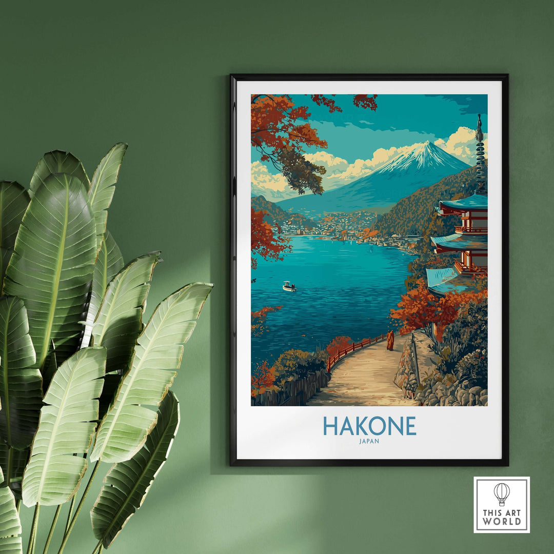 Framed wall art of Hakone Japan, featuring serene lakeside temple and Mount Fuji in vibrant colors.