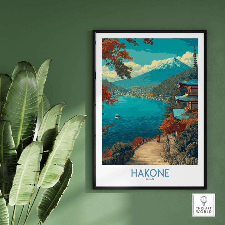 Framed wall art of Hakone Japan, featuring serene lakeside temple and Mount Fuji in vibrant colors.