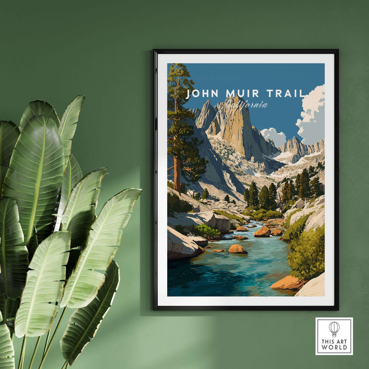 Framed John Muir Trail print showcasing serene streams and majestic peaks of California's High Sierra.