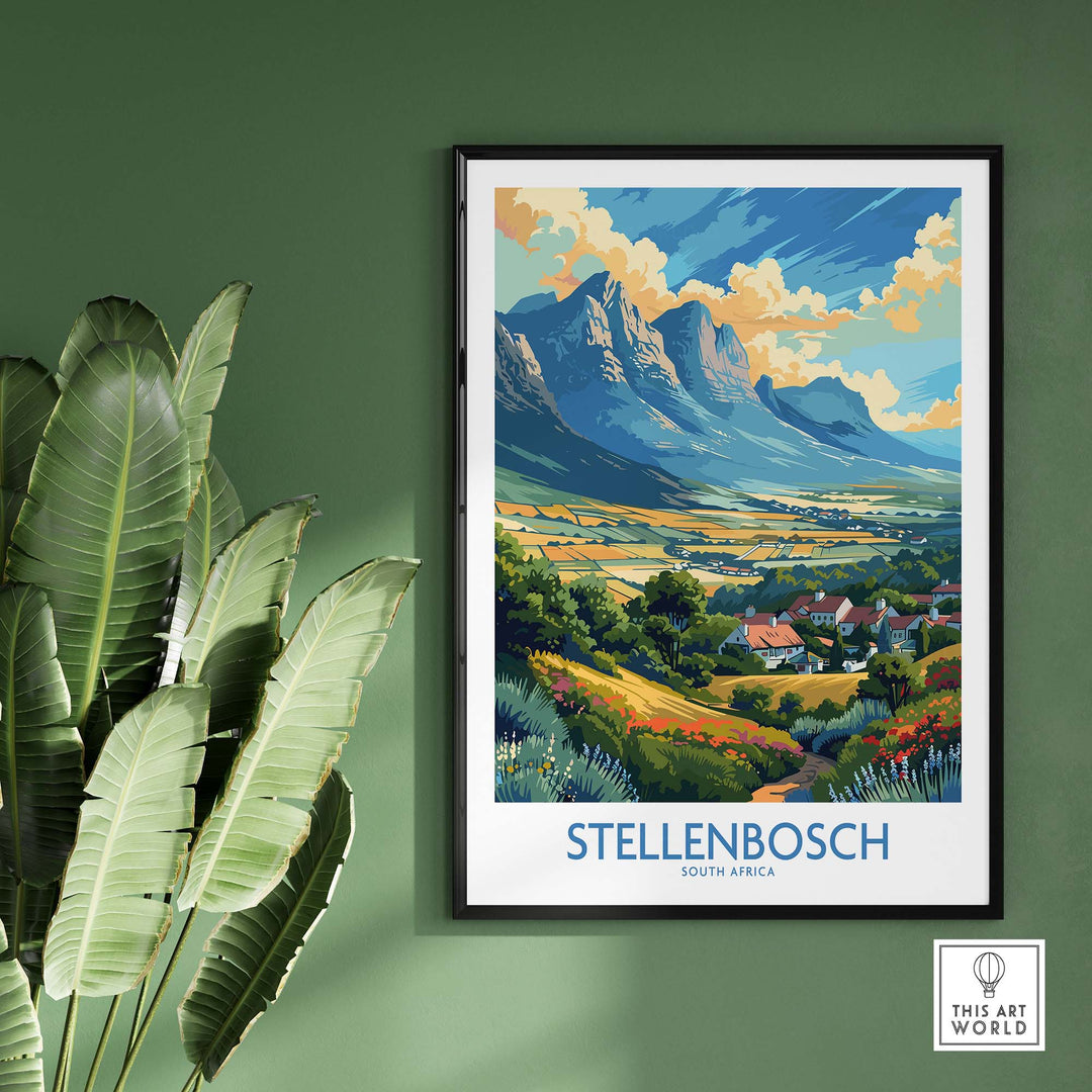Stellenbosch travel poster featuring vibrant mountains, green landscapes, and charming homes in South Africa.