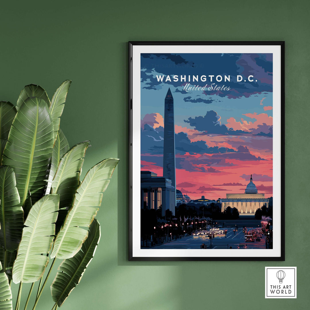 Washington D.C. skyline poster featuring the Washington Monument at sunset, vibrant colors on display.
