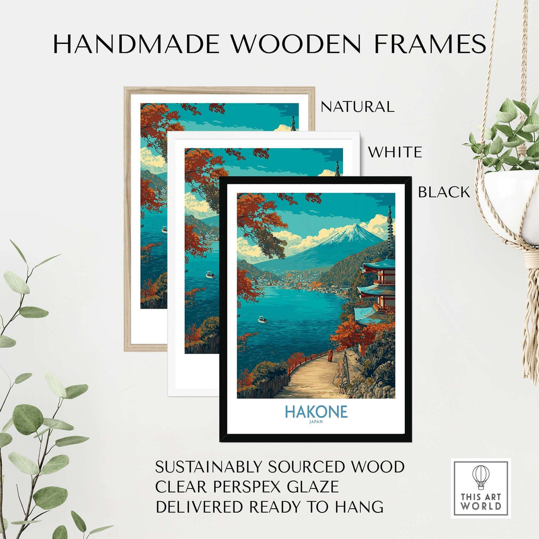 Handmade wooden frames showcasing Hakone lakeside temple art in natural, white, and black finishes for home decor.