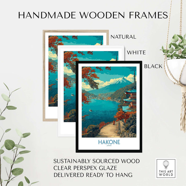 Handmade wooden frames showcasing Hakone lakeside temple art in natural, white, and black finishes for home decor.