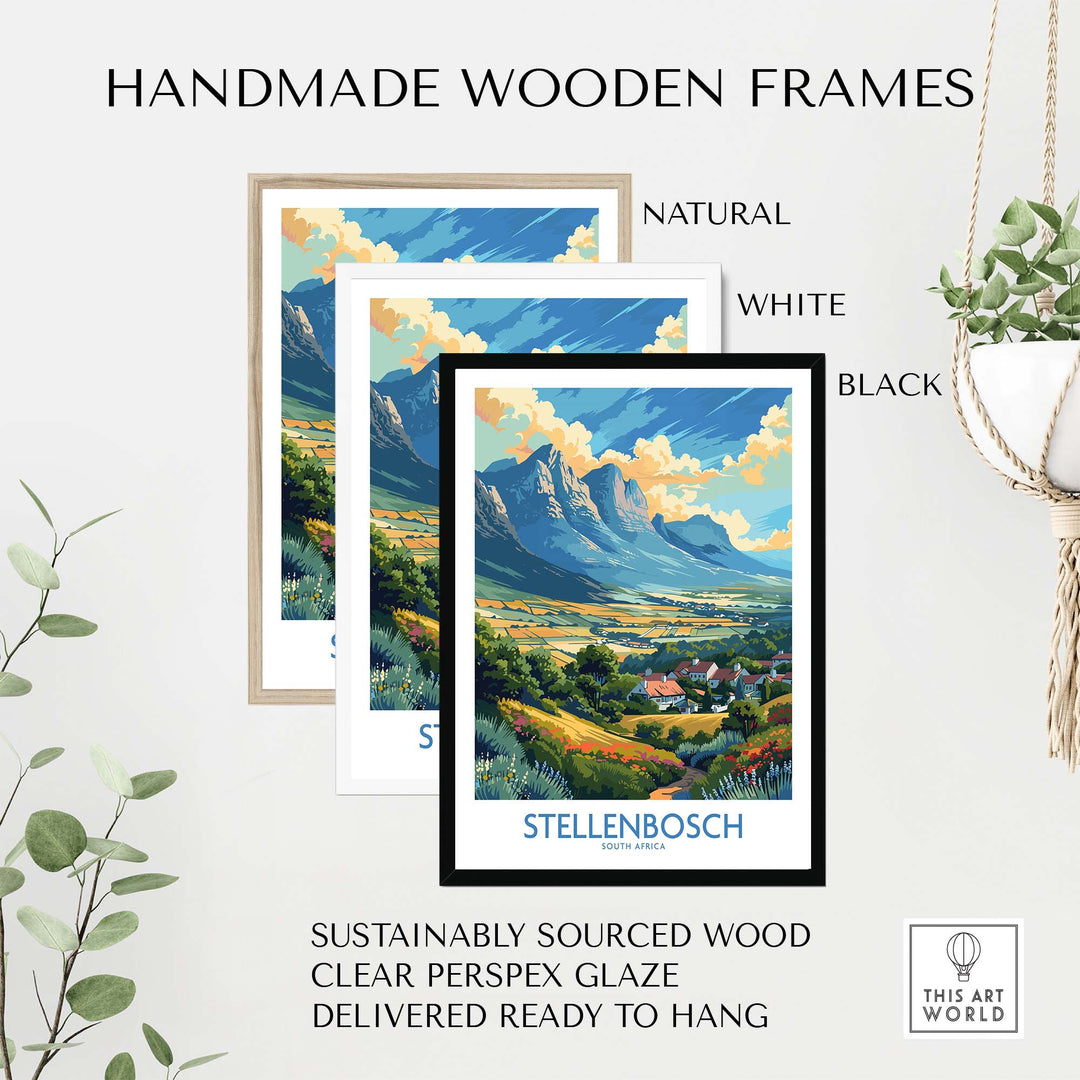 Stellenbosch travel poster in handmade wooden frames: natural, white, and black. Beautiful South Africa wall art.