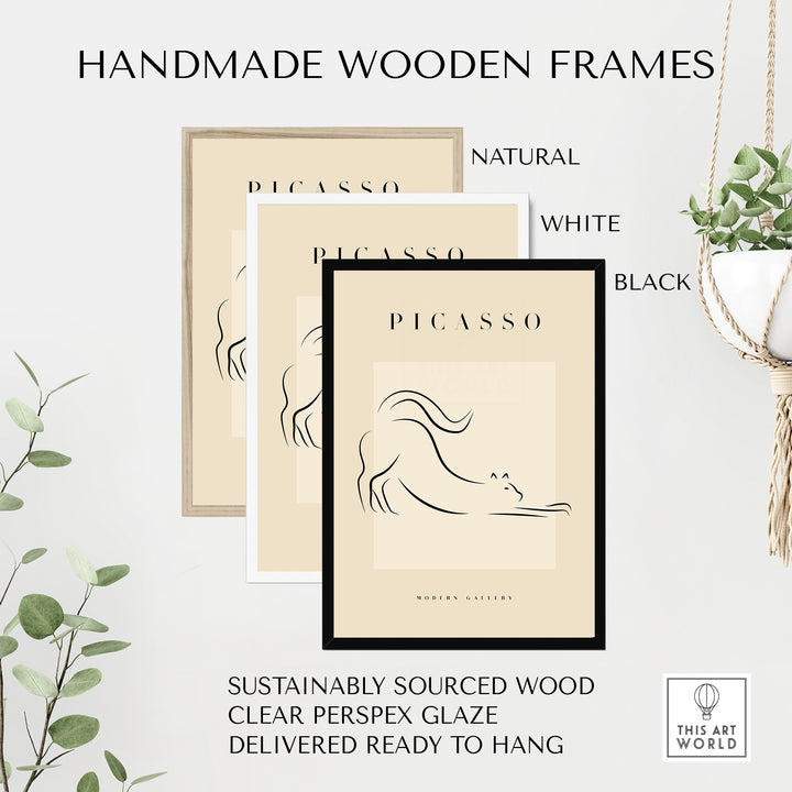 Handmade wooden frames in natural, white, and black finishes, featuring Picasso-inspired art ready to hang.