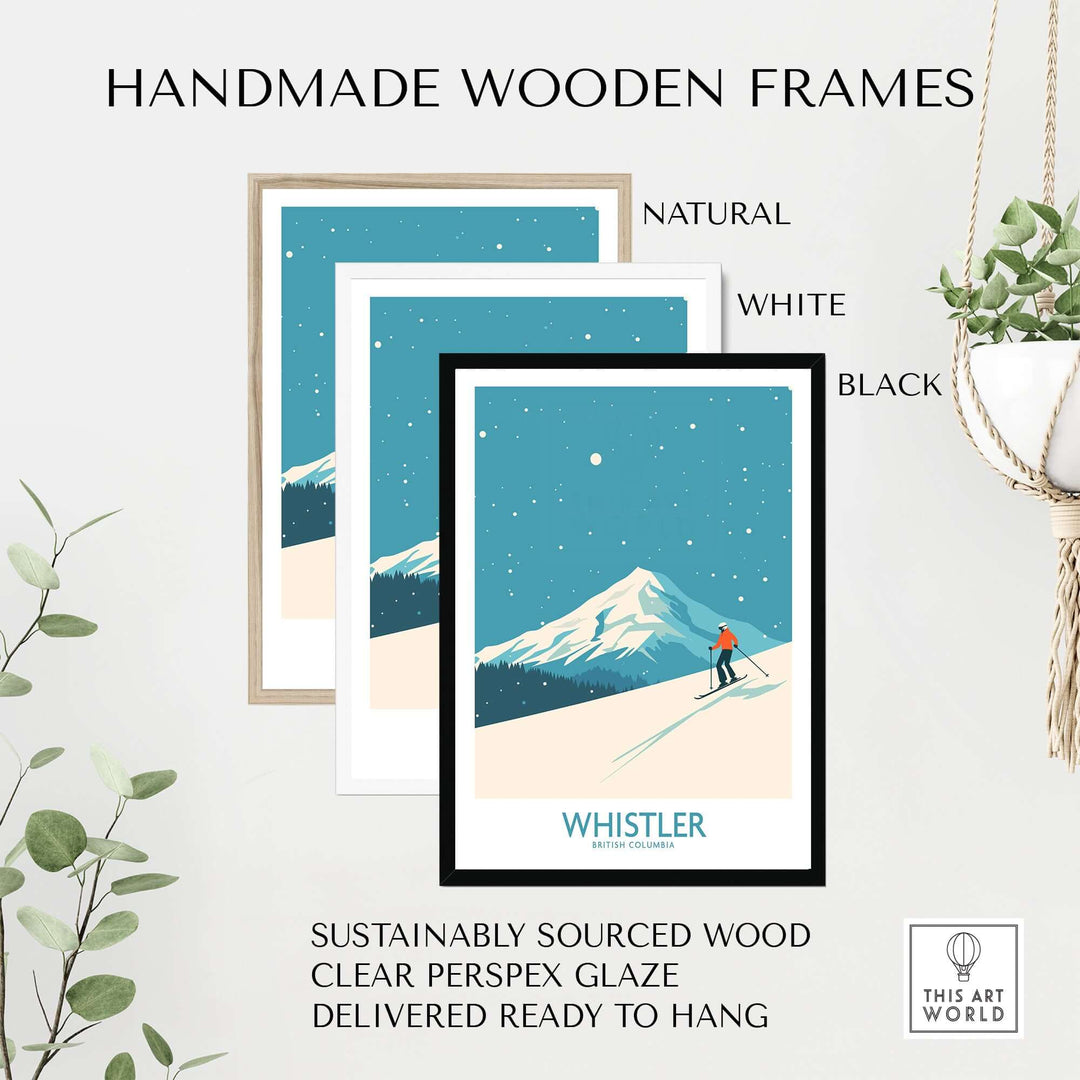 Handmade wooden frames for Whistler Wall Art Print in natural, white, and black finishes, made from sustainably sourced wood.