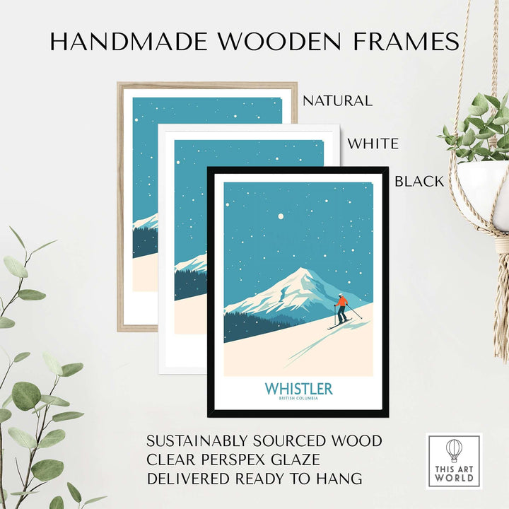 Handmade wooden frames for Whistler Wall Art Print in natural, white, and black finishes, made from sustainably sourced wood.