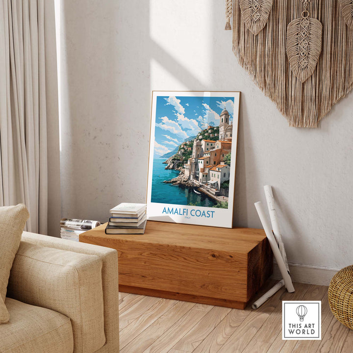 Amalfi Coast poster in modern decor, featuring a serene landscape and pastel colors enhancing the interior space.