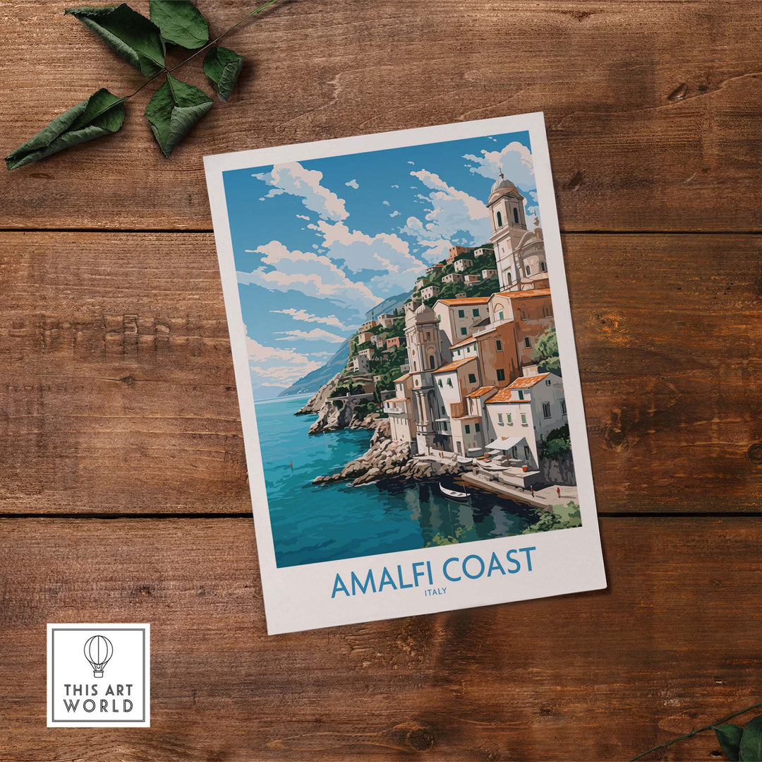 Amalfi Coast travel poster featuring a vibrant landscape and pastel colors, perfect for modern decor.