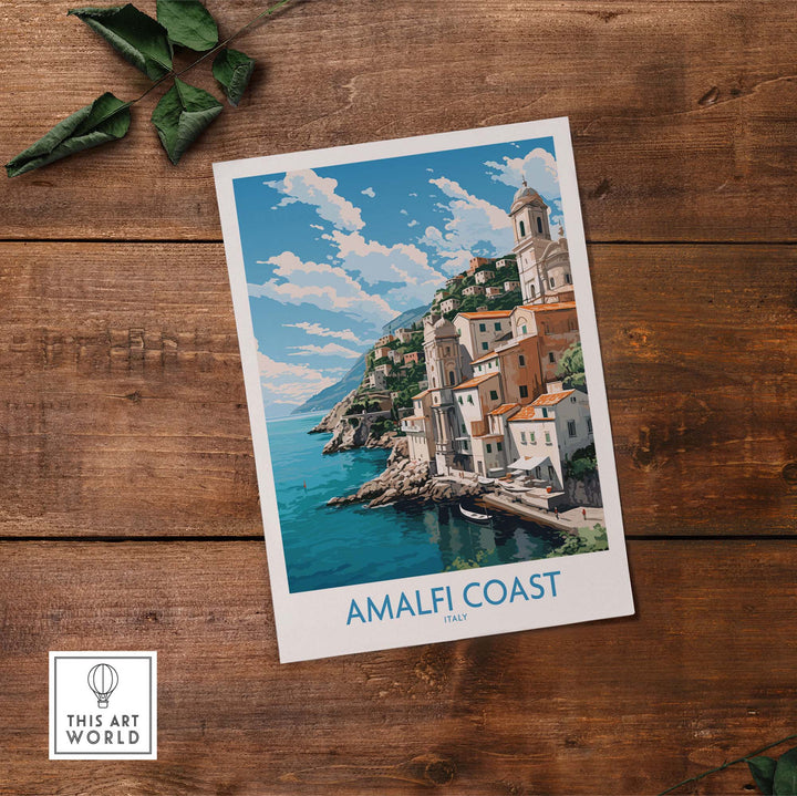 Amalfi Coast travel poster featuring a vibrant landscape and pastel colors, perfect for modern decor.