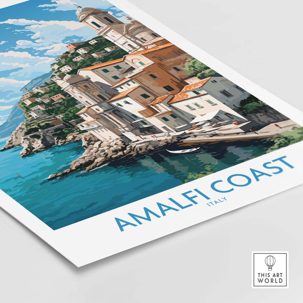 Vibrant Amalfi Coast poster featuring pastel buildings and serene blue waters, perfect for modern decor inspired by Italy.