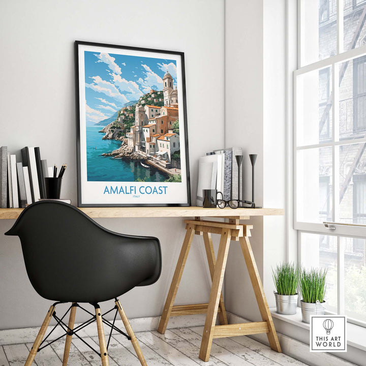 Amalfi Coast poster in modern decor, showcasing elegant pastel hues and nostalgic Italian landscape.