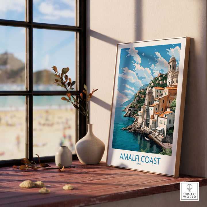 Amalfi Coast poster in a modern frame, showcasing pastel colors and coastal scenery, perfect for home decor.