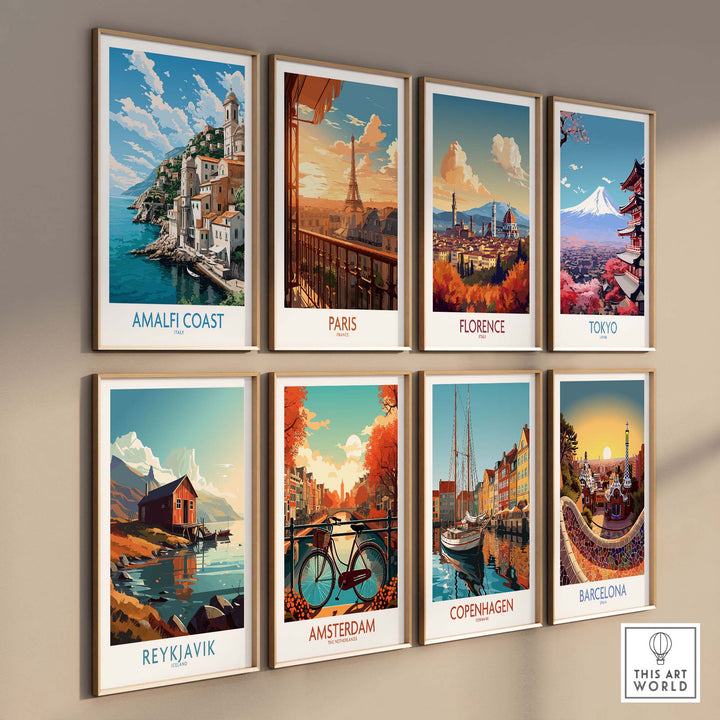 Collection of travel posters featuring Amalfi Coast, Paris, Florence, Tokyo, Amsterdam, Copenhagen, Reykjavik, and Barcelona.