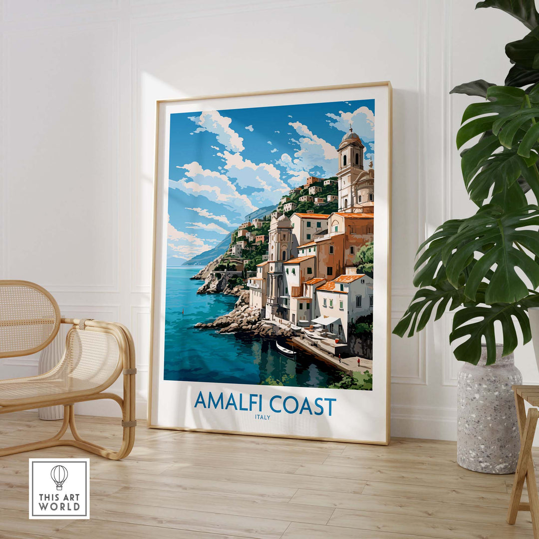 Amalfi Coast poster with pastel hues, showcasing the Italian Riviera, framed in a modern interior setting.