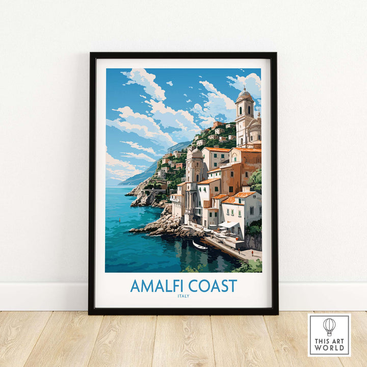 Amalfi Coast travel poster featuring a vibrant landscape and pastel colors framed in modern decor style.