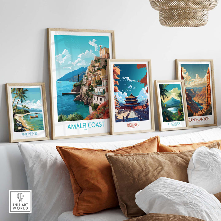 Amalfi Coast wall art print among other travel posters, showcasing vibrant colors and modern decor style.