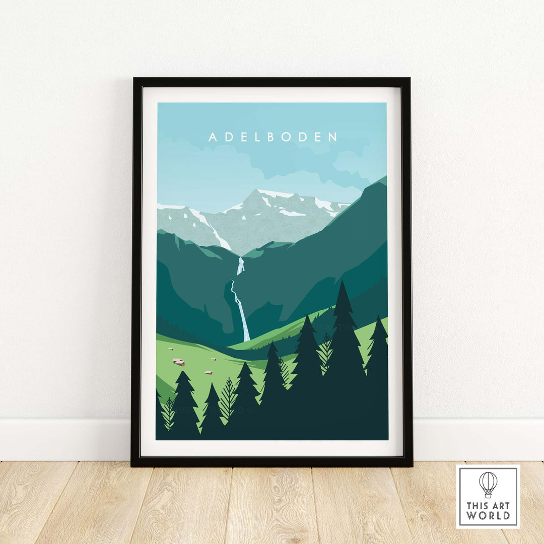 Adelboden travel poster print showcasing Swiss mountains and lush greenery, perfect for wall art decor.