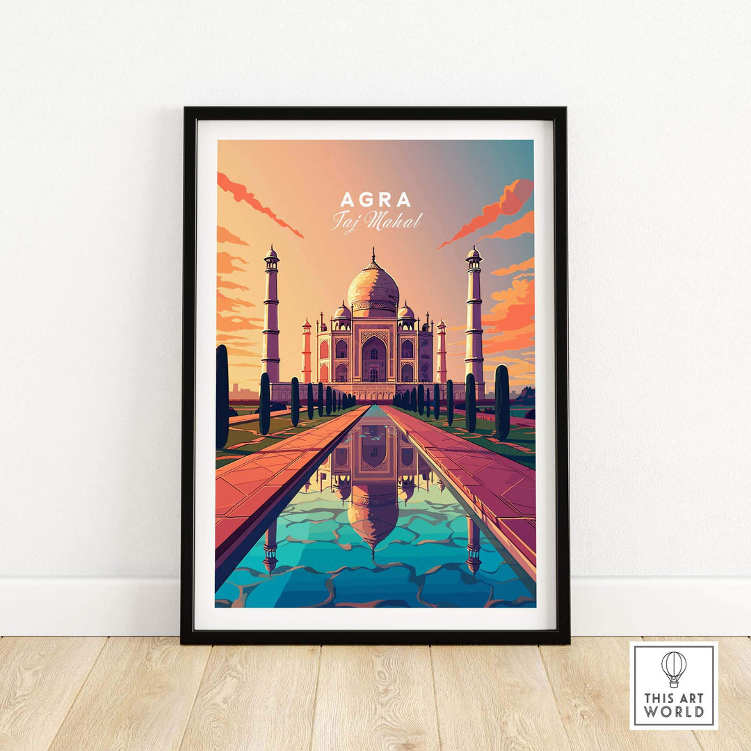 Taj Mahal Agra wall art print featuring vibrant colors and detailed artwork, perfect for home decor.